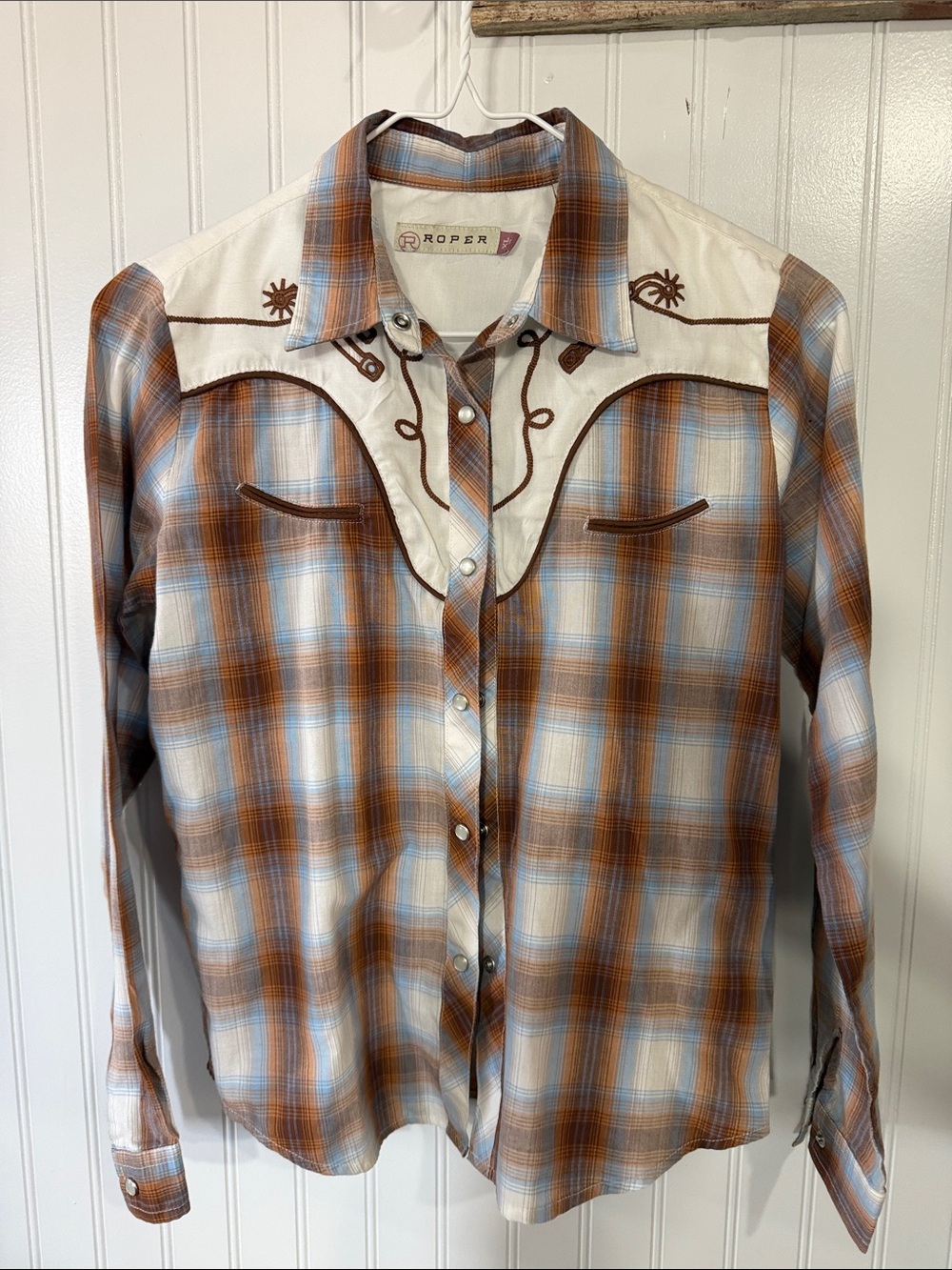Girls Xl Roper Plaid Western Snap Shirt - Brown, Blue & Cream